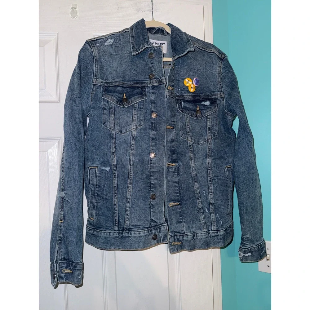 Old Navy Mens Built-In Flex Distressed Denim Jacket Blue Medium Wash Pins Small